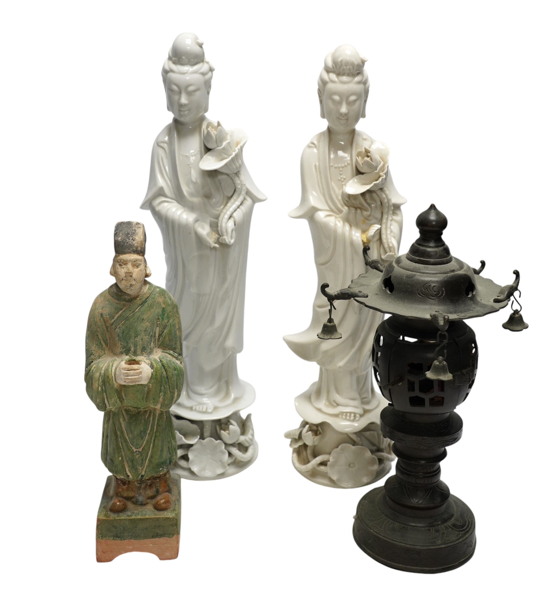 Two Chinese blanc de chine figures, a pottery figure and a metal incense burner, tallest item 35.5cm high. Condition - poor to fair